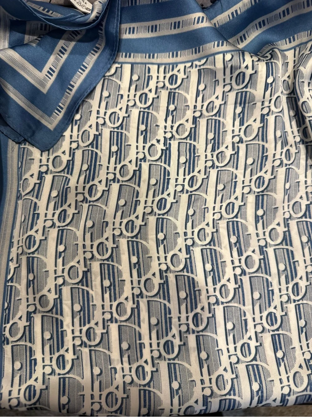 Dior Blue and White Striped Logo Silk Scarf